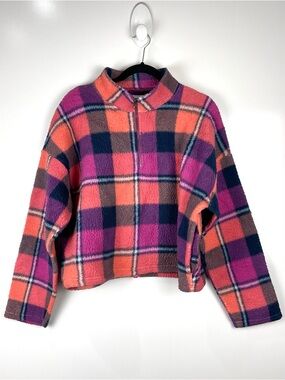 American Eagle Cozy Pink Plaid Sherpa Crop Jacket Quarter Zip Women's Large